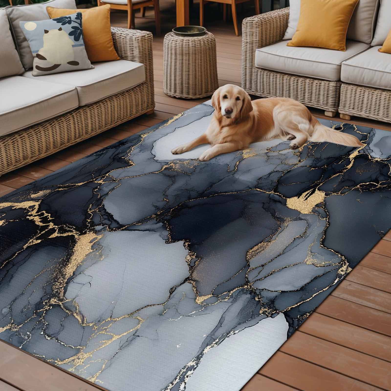 Outdoor Rug 5x8ft Ombre Black Gray Marble Texture Large Area Rug Modern Art Indoor Outdoor Carpet Outdoor Rugs Mats for Patio Camping,RV,Front Door, Outside Decor