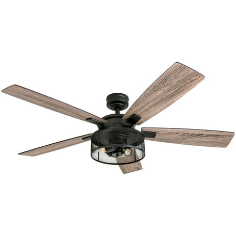 Honeywell Carnegie 52" Matte Black LED Industrial Ceiling Fan with Remote, Mesh Drum Lighting and Edison Bulbs