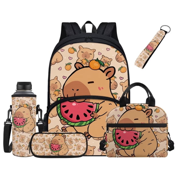 Chririnla Girls Capybara School Backpack Lunch Box for Elementary High Senior Year School Kids Watermelon Brown Travel Backpack for Boys Schoolbag Pencil Case Bookbag Water Bottle Bag Keychain 5PCS
