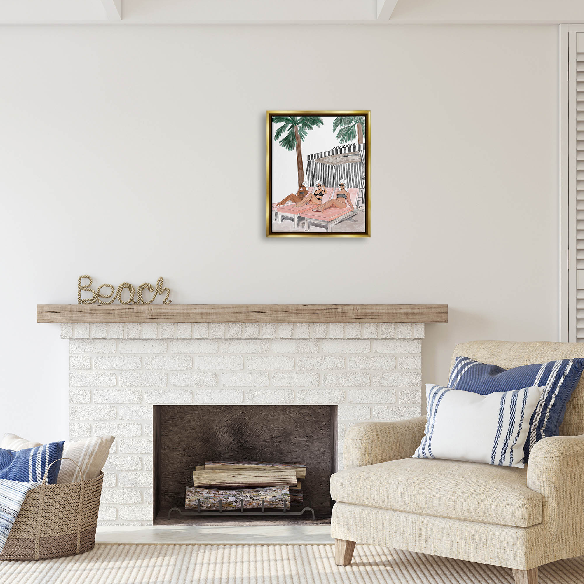Stupell Industries Girls Lounging Tropical Vacation Coastal Painting Gold Floater Framed Art Print Wall Art