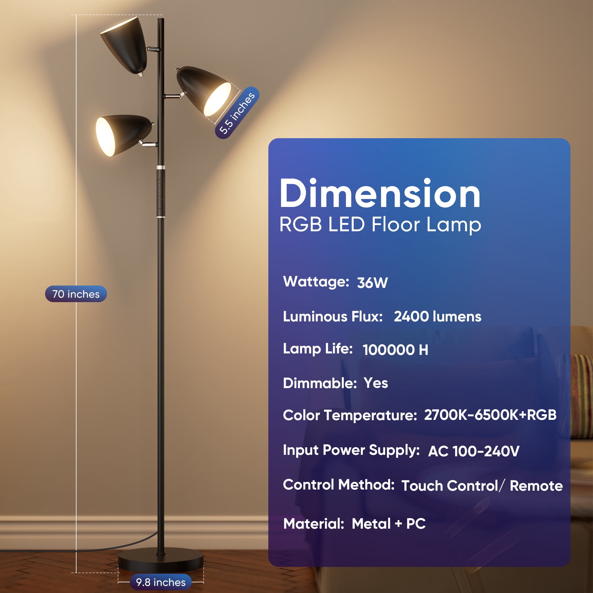 70" Modern Floor Lamp for Living Room, Tree Floor Lamp for Bedroom with 4 Colors Changing& RGB Mode, Remote and Touch Control Stepless Dimmable, Black