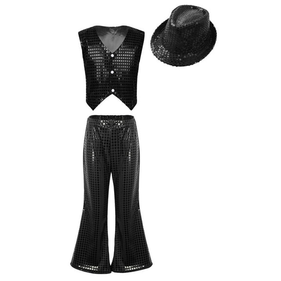 Doomiva Kids Boys Girls Latin Jazz Modern Dance Outfits Sleeveless Sparkly Vest Waistcoat with Flared Pants Hat Set Black 7-8