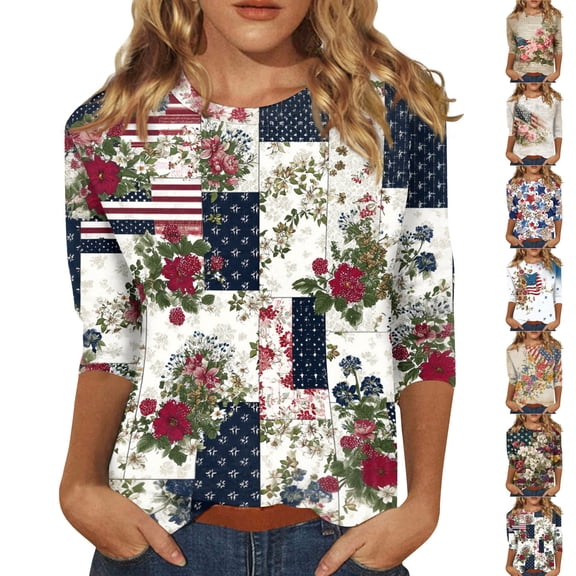 KDDYLITQ Womens 250th Anniversary Shirts Causal Usa Flag 3/4 Sleeve Tees Fourth Of July 250 Years Birthday Liberty Tops 250th Birthday Plus Size Crew Neck T-Shirts White L