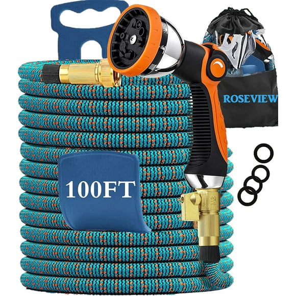 Garden hose 100ft expandable garden hose 100 ft flexible best garden hoses 100 feet retractable kink free expanding water pipe heavy duty 100 foot collapsible lightweight (Orange Blue, 100FT)