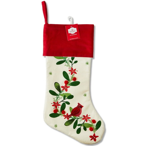 Off-White Embroidered Mistletoe Christmas Stocking, 20", by Holiday Time