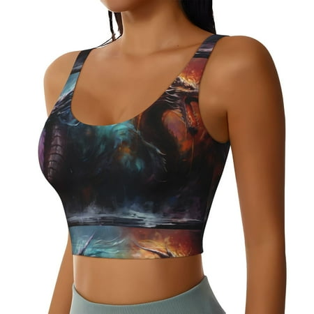 Picia Colorful Ink Style Dragon Sports Bra for Women Padded Strappy Sports Bras Medium Support Yoga Bra with Removable Cups Running Yoga Bra-XX-Large