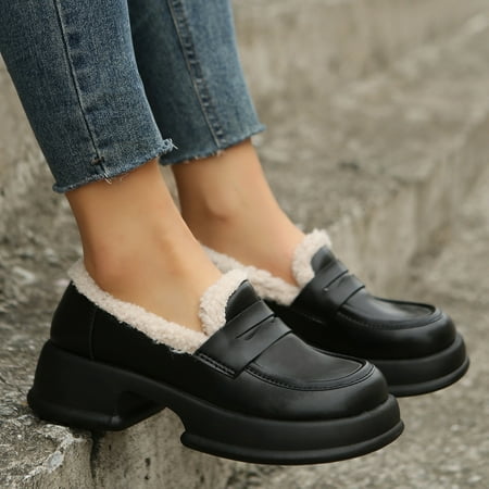 

Cathalem Shoes Women Casual Ladies British Style Solid Color Leather Plush Warm Thick Soled Casual Shoes for Women Casual Slip on Black 7.5
