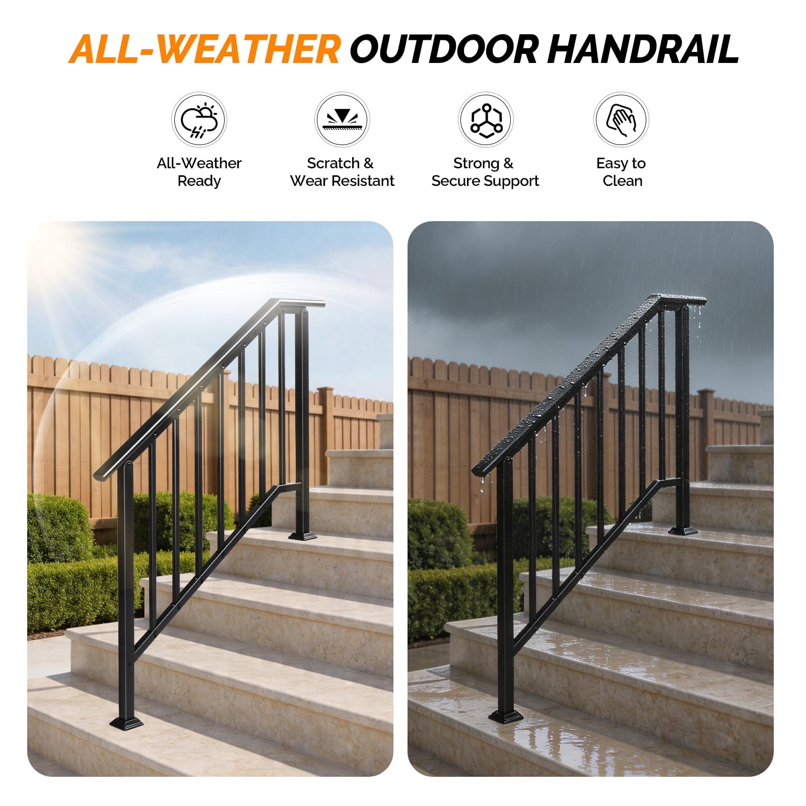 Handrails for Outdoor Steps Fits 3 to 4 Steps