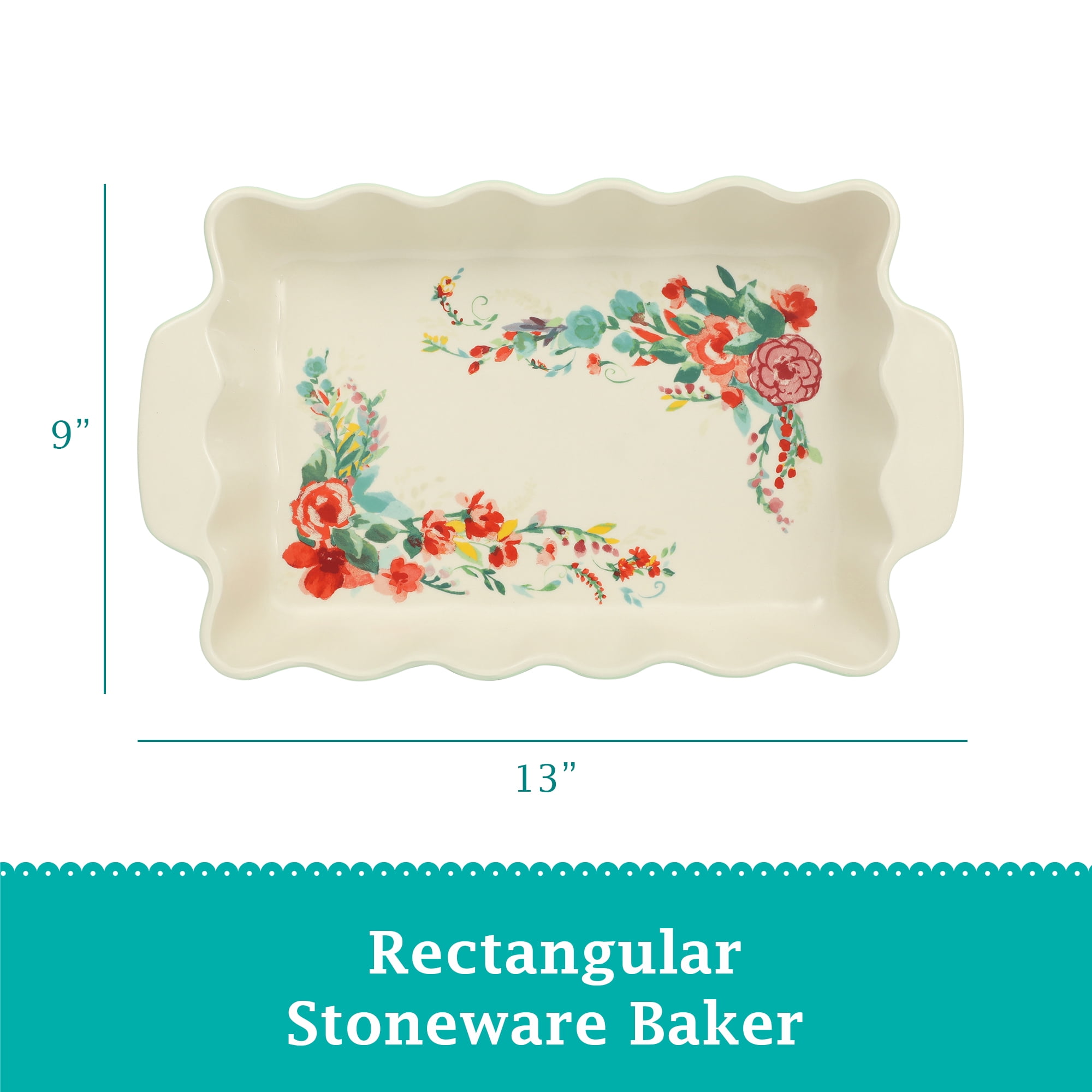 The Pioneer Woman 9 x 13 in Ruffle Green Rectangular Stoneware Baking Dish