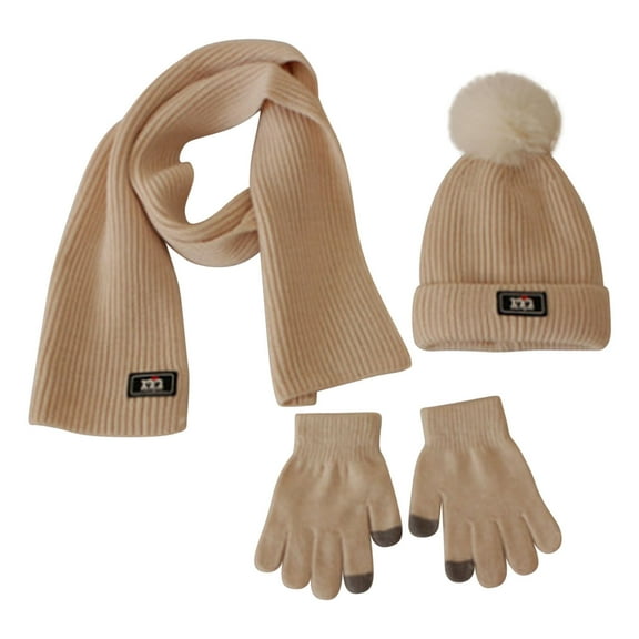 Zwiiyzr 2024 3 Pieces Toddler Baby Christmas Winter Knitted Hat Scarf and Gloves Set, Beanie Cap With Pompom, Scarf and Gloves for Boys Girls Beige