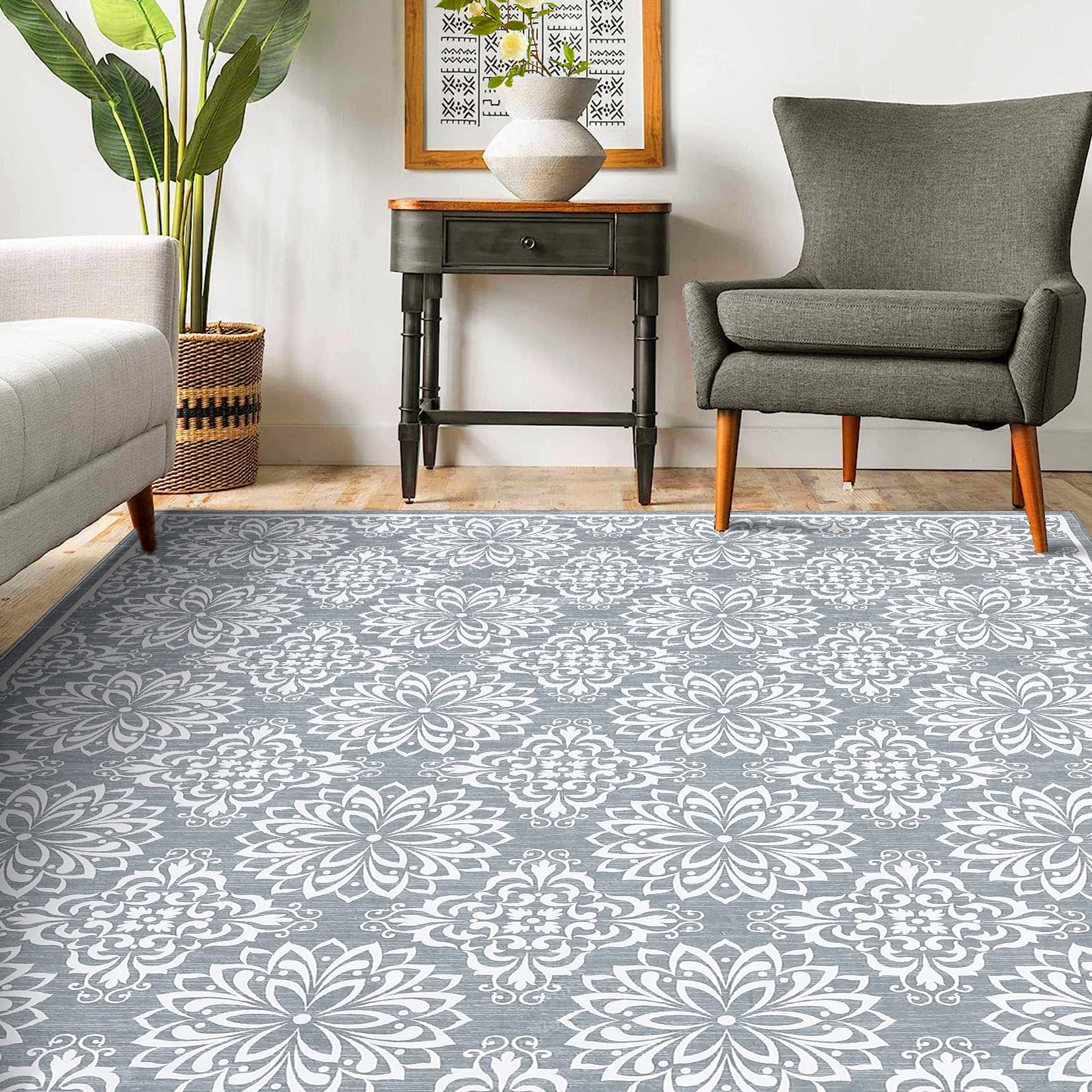 Tzou Vintage Washable Area Rugs for Living Room, 10x13 Low Pile Indoor Floral Carpet for Bedroom, Large Soft Foldale Distressed Accent Floor Mat for Dining Room, Non Shedding(Gray)