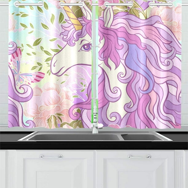 Mkhert Beautiful Unicorn Window Curtains Kitchen Curtain Room Bedroom Drapes Curtains 26x39 Inch 2 Piece Walmart Com Walmart Com