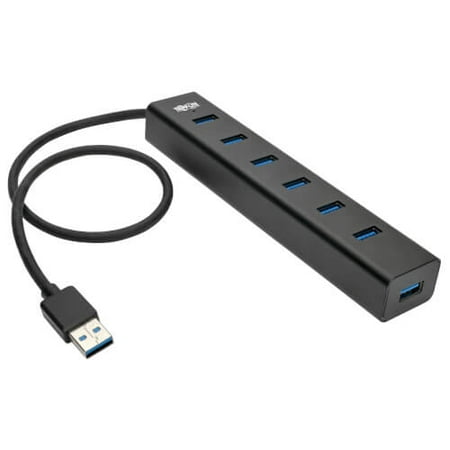 Tripp Lite 7-Port USB 3.0 SuperSpeed Hub / Splitter Portable Mini Aluminum 5 Gbps The U360-007-AL 7-Port Portable USB 3.0 SuperSpeed Mini Hub s built-in USB cable connects to your laptop  Ultrabook or computer to provide seven available USB 3.0 ports. Just plug and play with no drivers or software needed. The included external power supply provides 5V 3A to be shared among all seven USB ports  with each port capable of providing up to 1.5A for fast charging of mobile devices. This portable hub supports USB 3.0 data transfer rates up to 5 Gbps-ten times faster than USB 2.0-and is backward compatible with USB 2.0 and USB 1.1 devices. The compact  lightweight aluminum case fits easily into your pocket  backpack  briefcase or laptop bag. Features Increases Your Computer s USB 3.0 Ports from 1 to 7 Excellent Speed and Versatile Performance Take the Hub Anywhere Expands your laptop  Ultrabook or computer s USB 3.0 port to 7 external USB 3.0 ports Included external power supply provides 5V 3A to be shared among all ports Each port is capable of providing up to 1.5A Supports USB 3.0 data transfer rates up to 5 Gbps-10 times faster than USB 2.0 Backward compatible with USB 2.0 and USB 1.1 Compact case made from lightweight aluminum Fits easily into your pocket  backpack  briefcase or laptop bag Built-in cable is perfect for travel Tripp Lite 7-Port USB 3.0 SuperSpeed Hub / Splitter Portable Mini Aluminum 5 Gbps