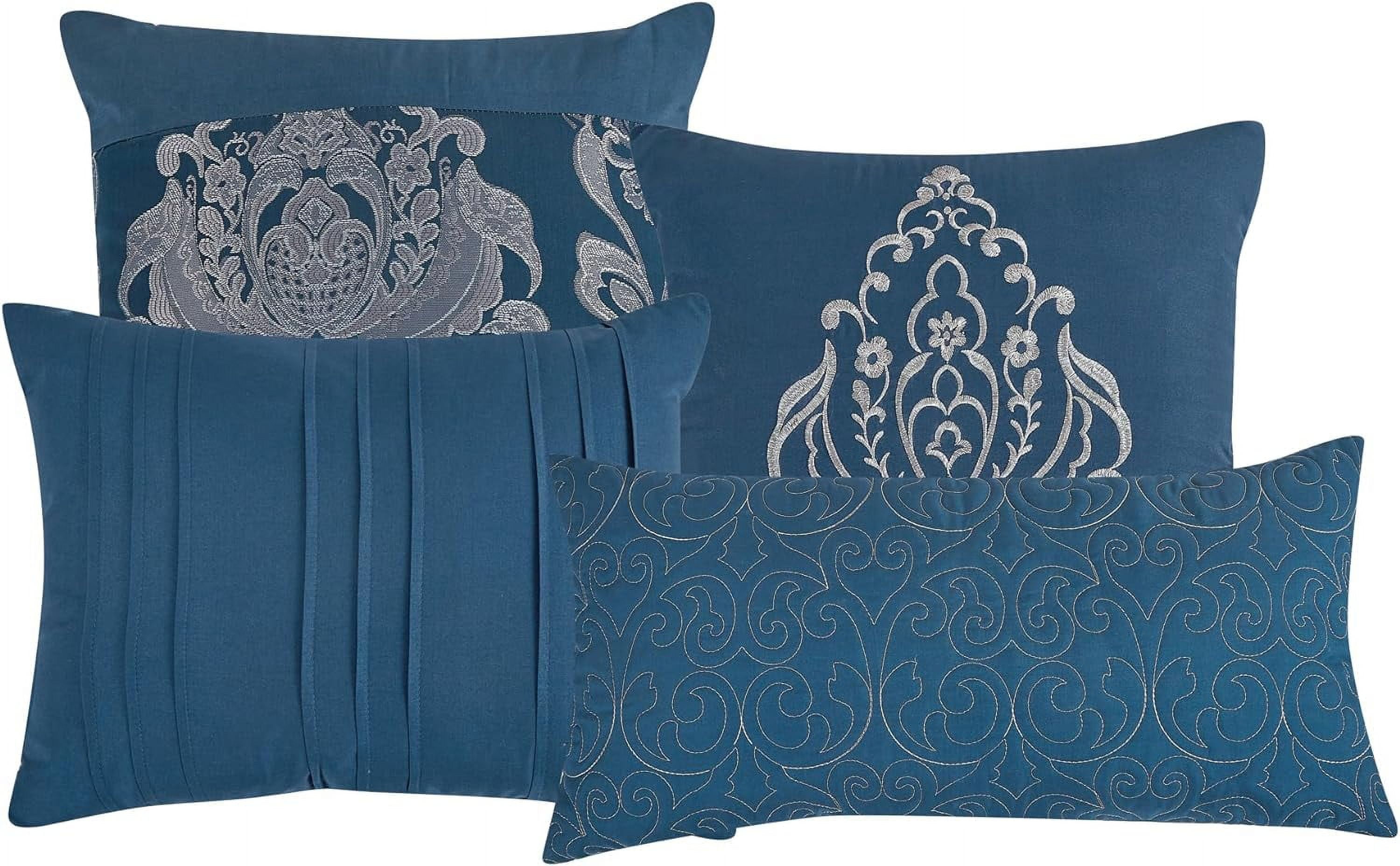 ESCA 7-Pieces Blue and Silver Comforter Set - Queen Size, Medallion Embroidery, Clip Jacquard Design Bedding Set
