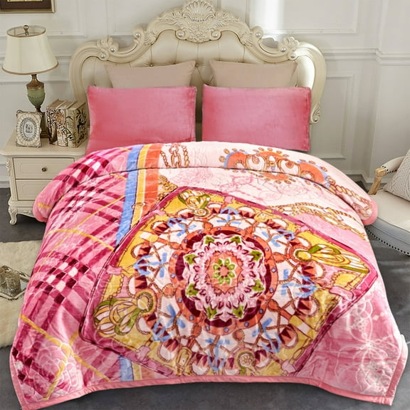 NC Fleece Bed Blanket Queen Size, 2 Ply Thick Warm Blanket, Pink Floral,79" x 89",5.3lb