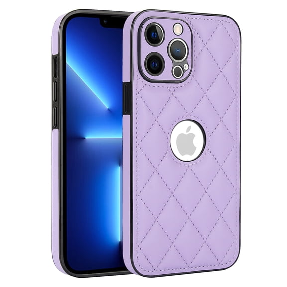 Logo View Design Compatible with iPhone 13 Pro Phone Case Luxury Diamond Plaid PU Leather Vintage Slim Non-Slip Soft Grip Shockproof Anti-fall Heavy Duty Protective Case Cover,Violet