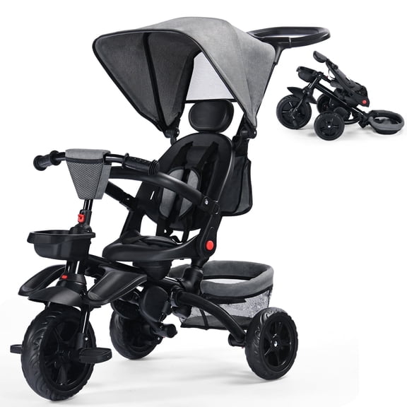 LINLUX 7 in 1 Toddler Trike, Toddler Ride-on Bicycles, Folding Kids Tricycle Bike, Gray