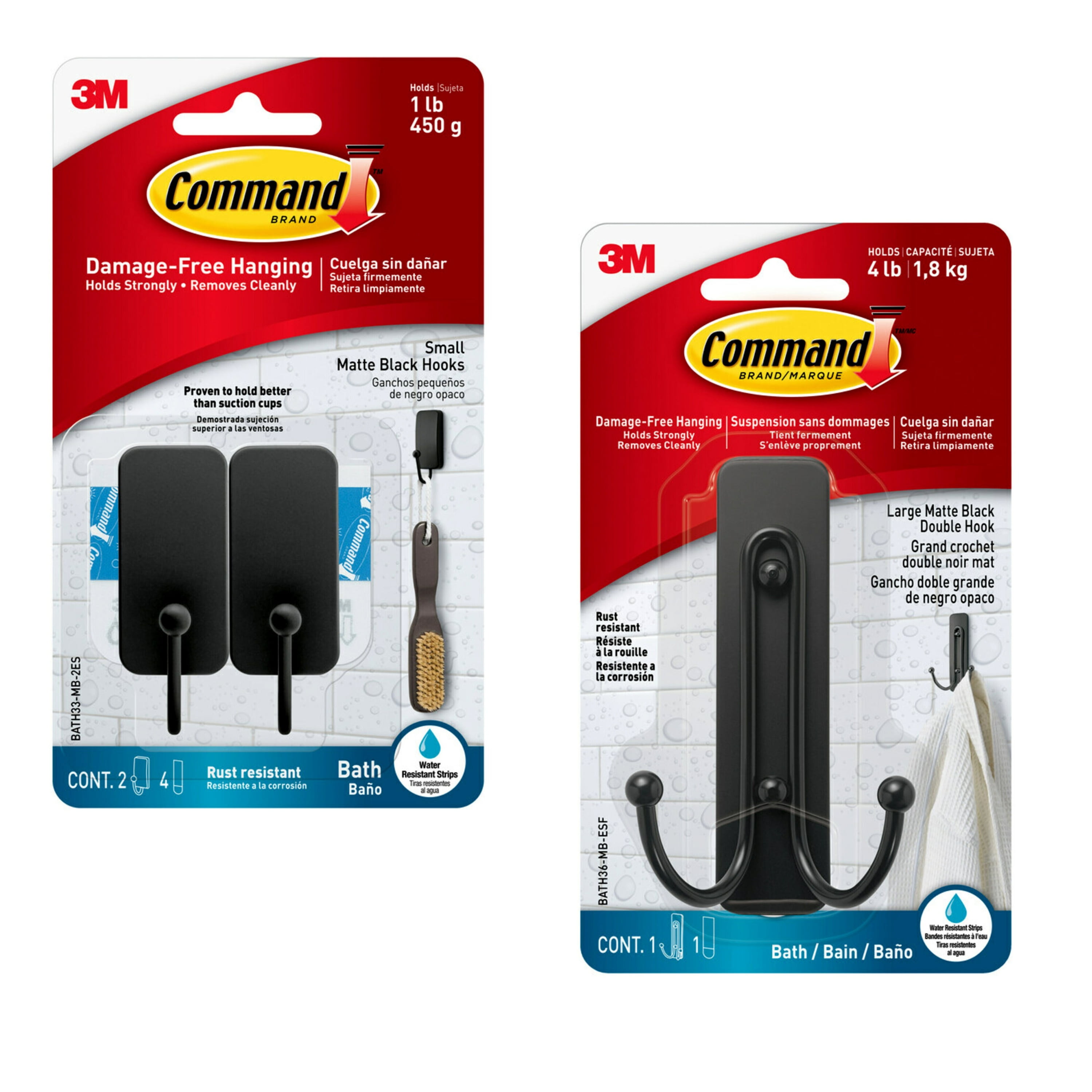 Command Bath Hook, Small, Matte Black, 2 Wall Hooks and Command Large