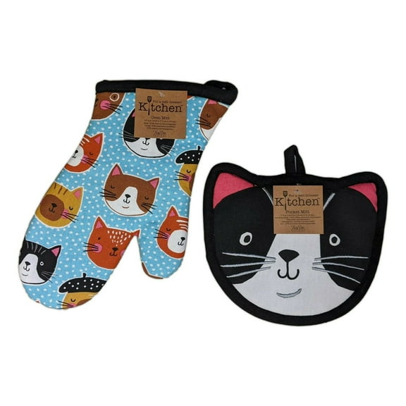 CRAZY CATS Cat Faces Potholder & Oven Mitt Set, by Kay Dee