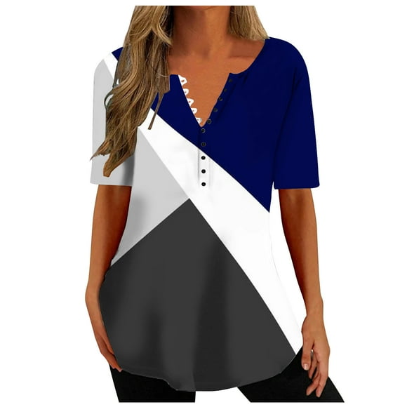 JURANMO V Neck T Shirts for Women 2024 Trendy Summer Henley Shirt Casual Pleated Hide Belly Loose Fit Tops Short Sleeve Tunic Blouse Deals of the Day Dark Blue XXL