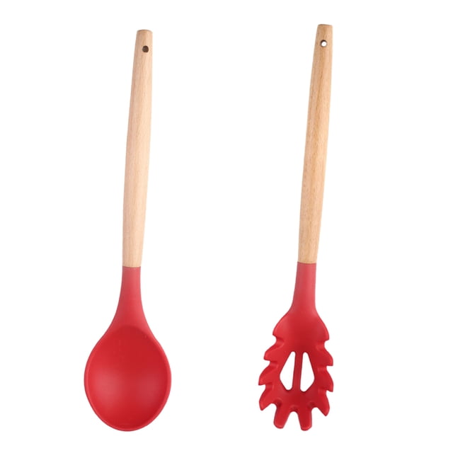 Los utensilios de cocina antiadherentes del silicón fijaron con la manija de madera dura natural del acacia, 2 pedazos, sin BPA