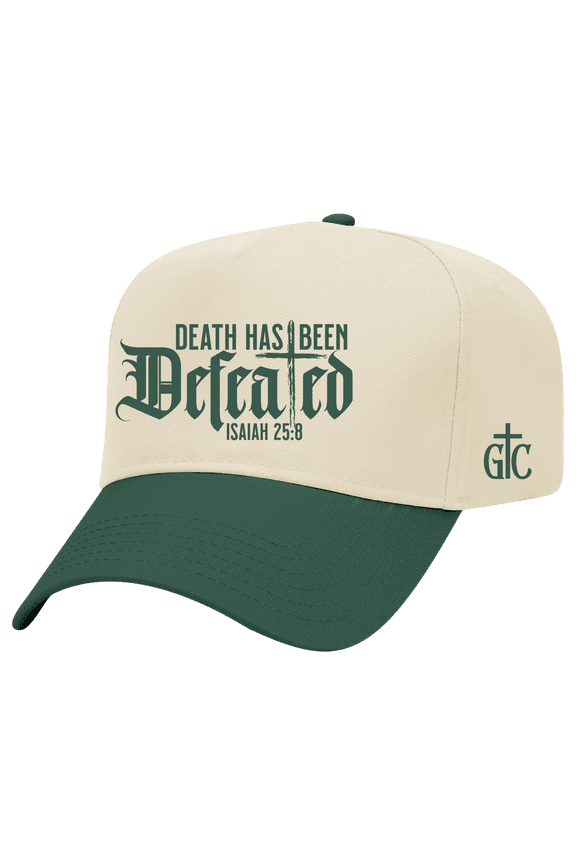 Death Has Been Defeated Christian 5-Panel OTTO Cap  Faith-Based Adjustable Snapback Hat, Isaiah 25:8, Natural/Dark Green