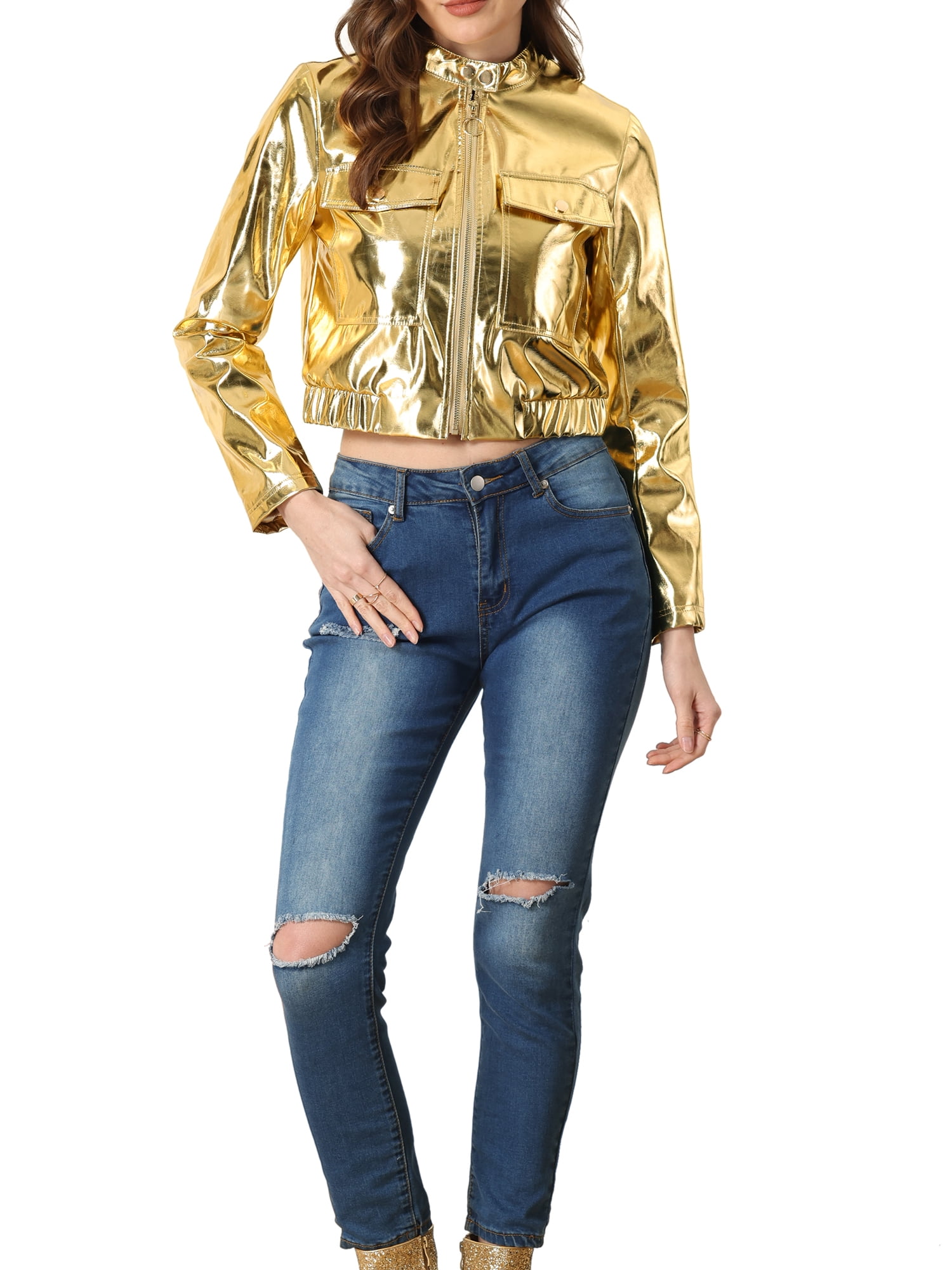MODA NOVA Metallic Cropped Jacket for Juniors Stand Collar Zip Up Shiny Biker Holographic Jackets Gold L