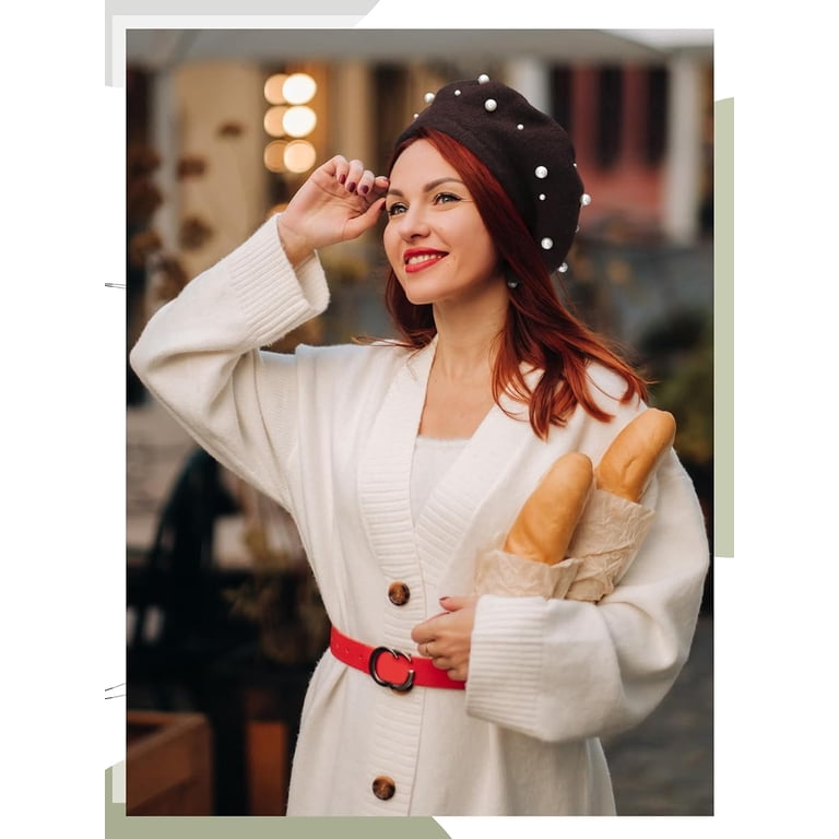 5561 Fashion Pearl Beret Hat For Womens, Wool French Beanie Cap Hat Winter Knit Beret With Pearls: Vegan Angora Blend French Style Hat  main image 3