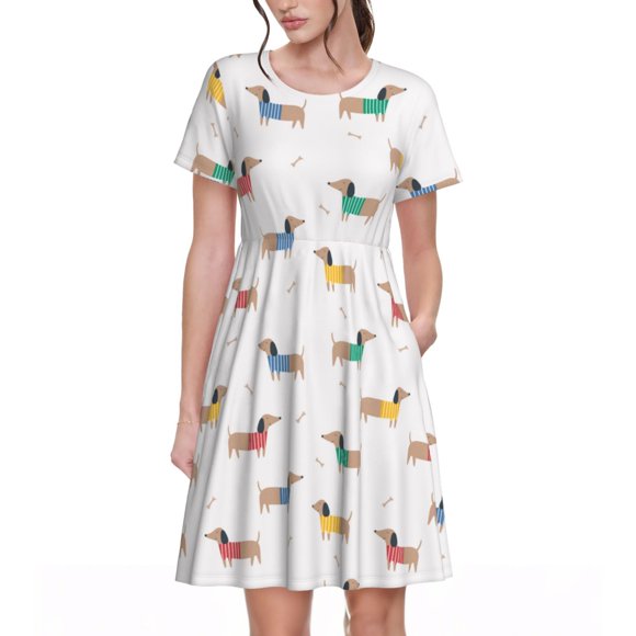 Fotbe Dachshund Dog Puppy Vestido Largo de Moda para Mujer, Vestido Tipo Camiseta con Manga Corta y Estilo Casual a Rayas y Bloques de Color
