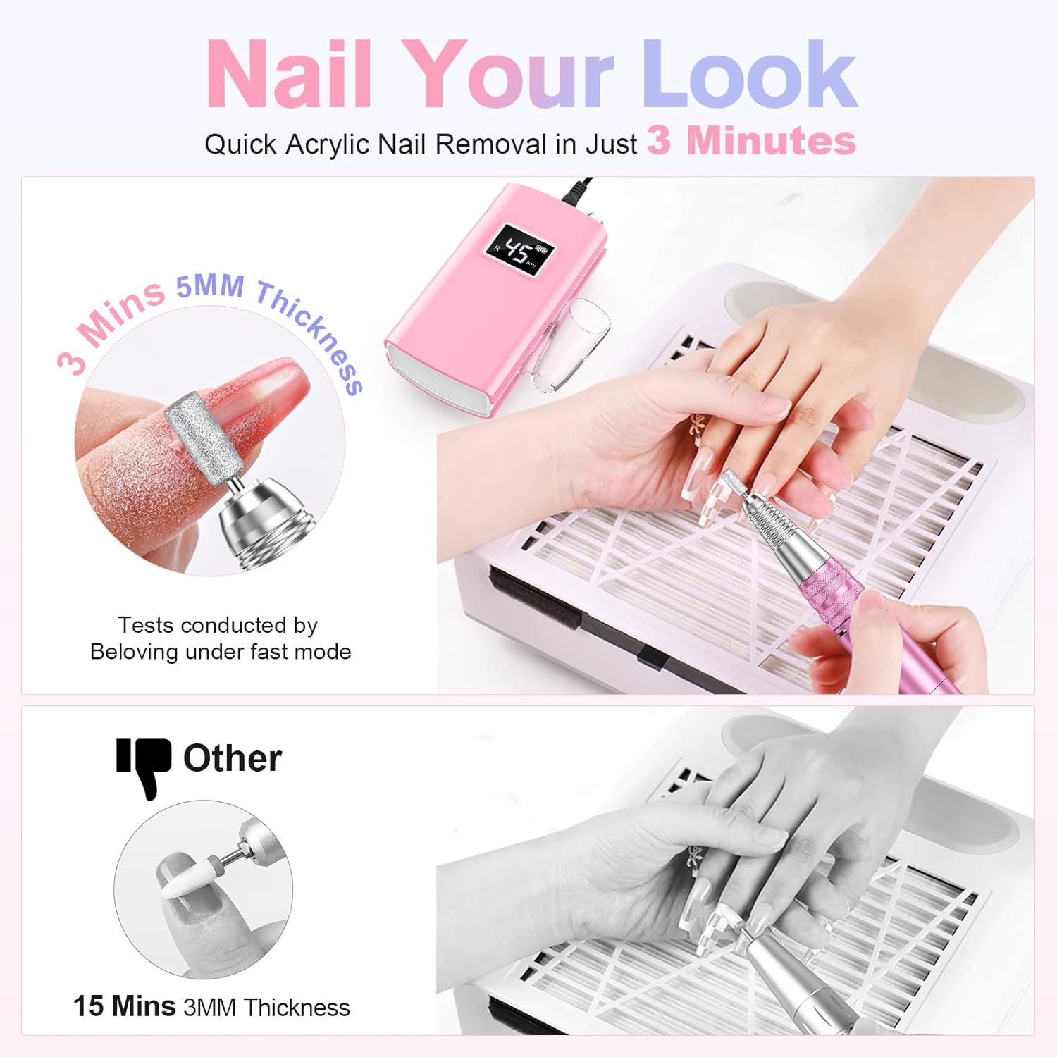Cordless nail drill 45000RPM portable electric nail file with 11 acrylic and impregnated nail drills with monitor electric nail machine (pink)