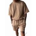thumbnail image 3 of Men's Sets Crew Neck Set Pockets 2 Piece Shirt Shorts Outfit for Summer Khaki S, 3 of 7
