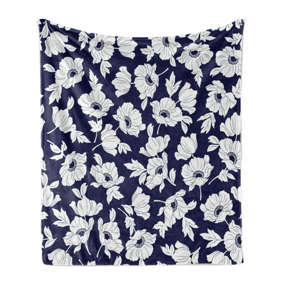 Navy and White Soft Flannel Fleece Throw Blanket, Botanical Arrangement with Poppies in White Simple Feminine Corsage, Cozy Plush for Indoor and Outdoor Use, 60" x 80", Navy Blue White, by Ambesonne