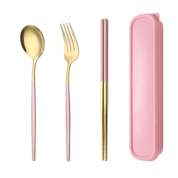 3 Piece Portable Flatware Set, Chopsticks, Fork and Spoon with Travel Case - Pink Gold