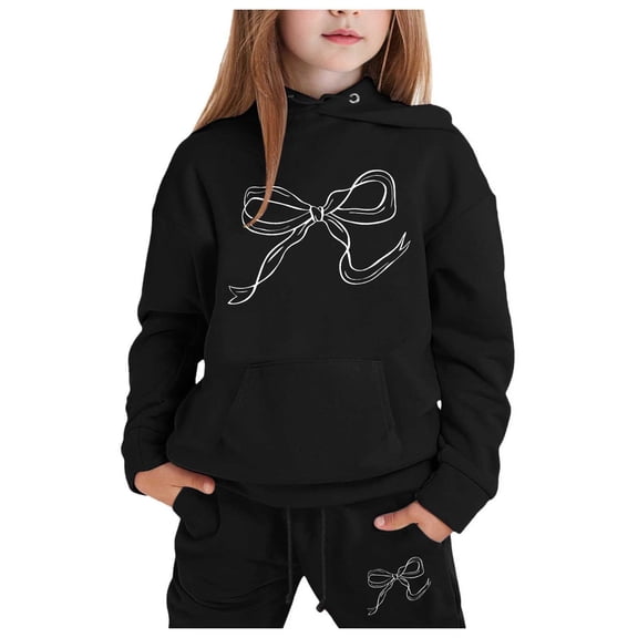 Outfits for Girls Bowknot Print Hooded Long Sleeve Pocket Hoodie And Cuffed Trousers 2 Piece Daily Wear Girls' Clothing Sets 2 Years-3 Years