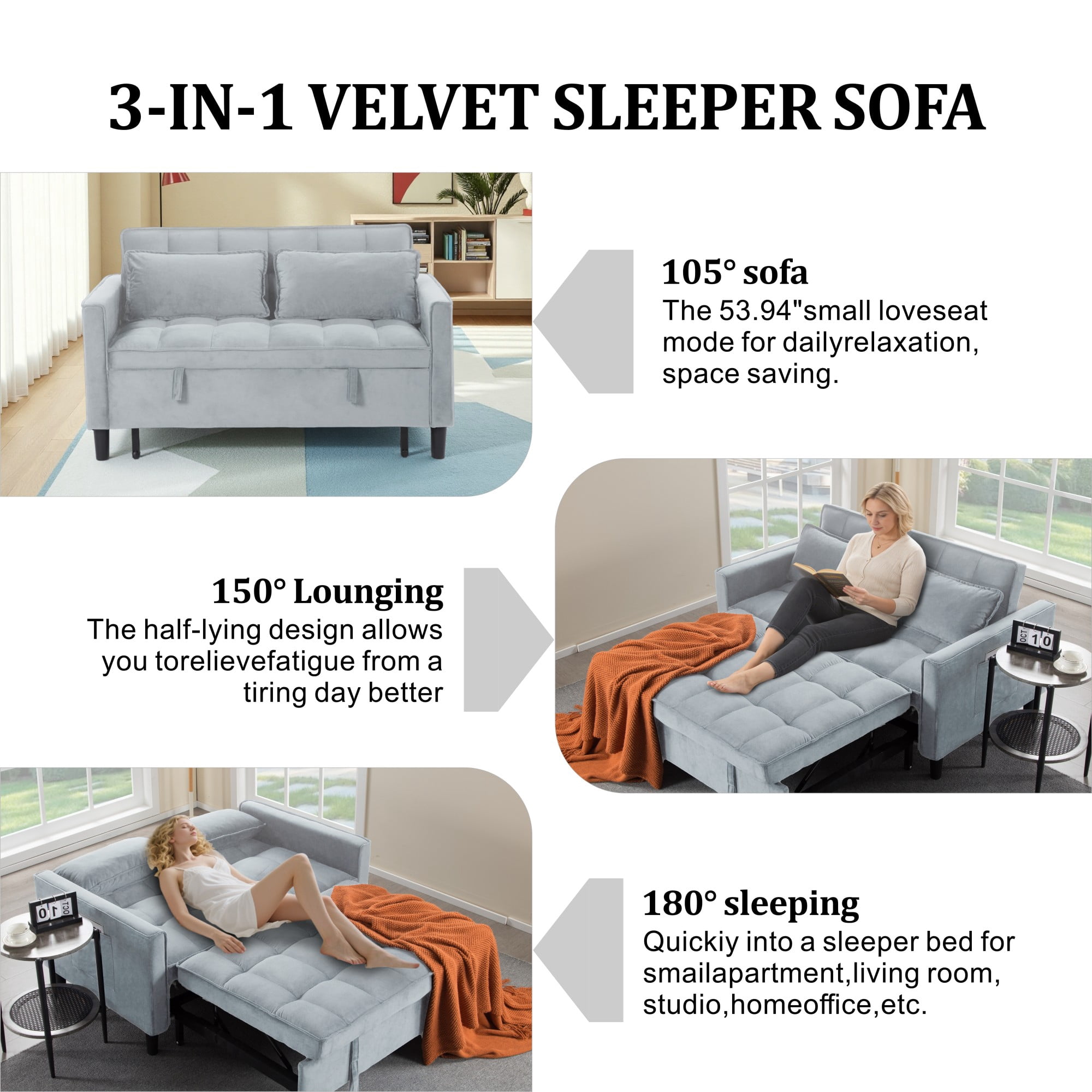Gewnee 53.94" Pull-Out Sofa Bed – Convertible Twin Size Sleeper Bed,3 Adjustable Backrest Angles & Storage Side Pocket for Living Room,Office,Guest Room.Light Grey