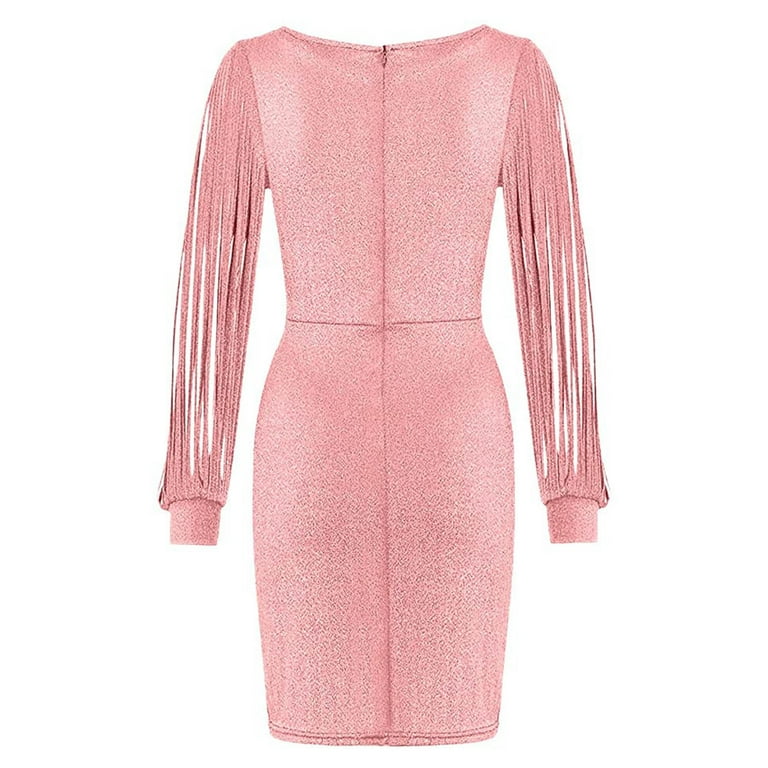Women's Fringe Dress V Neck Sequin Long Sleeve Formal Warp Dress