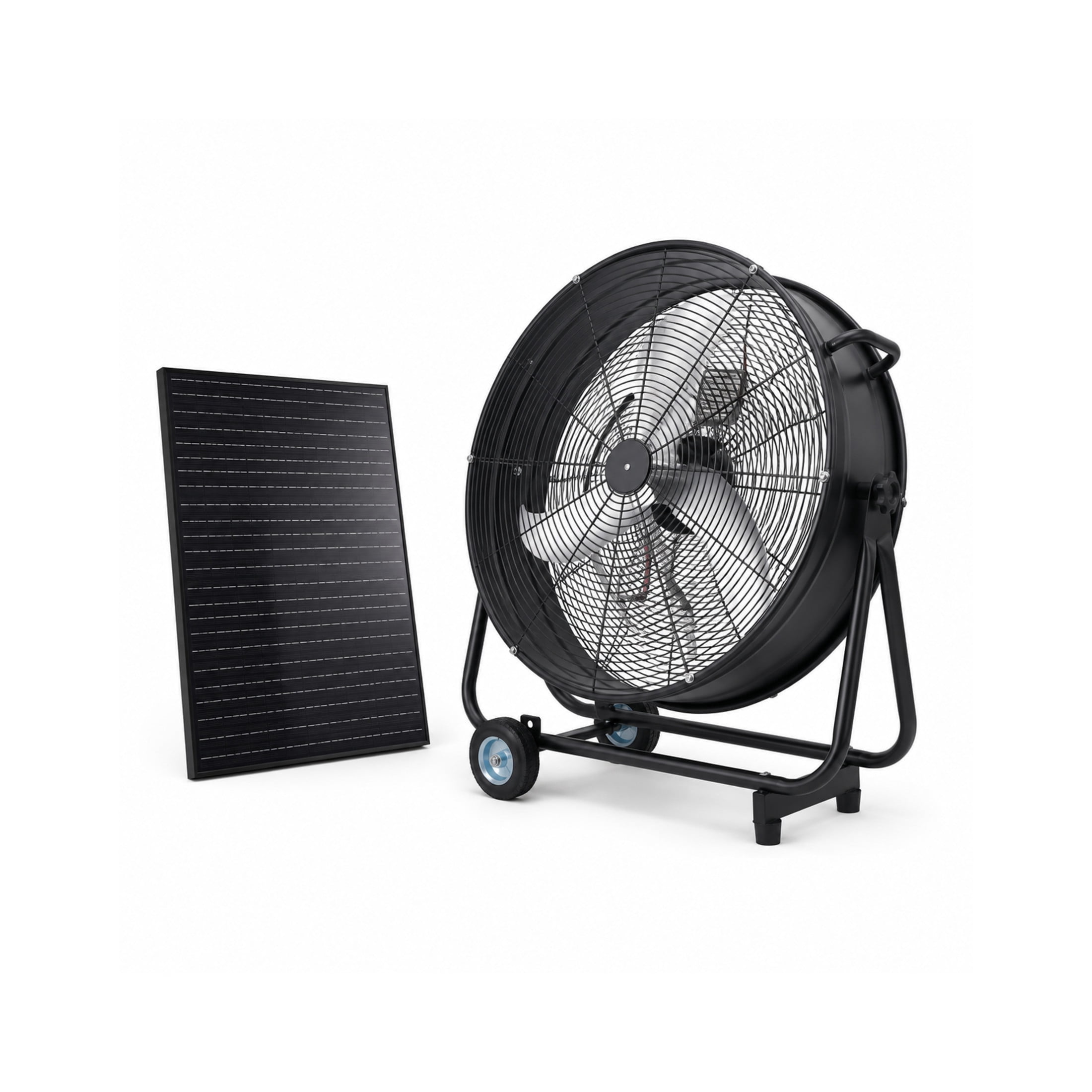 Noble House 30" Wheeled Solar Barrel Fan, 140W Adjustable Panel High Airflow Industrial Worksite Ventilator, Black
