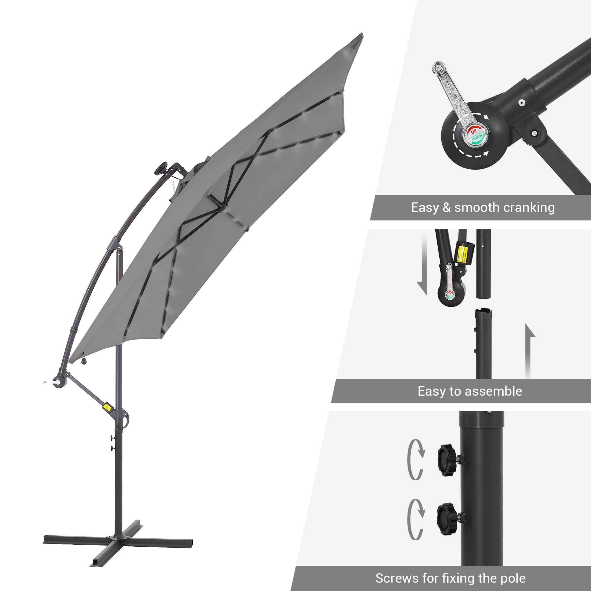 ACEGOSES 8.2x8.2ft LED Square Outdoor Patio Canopy Offset Umbrellas for Gardens, Lawns and Yard,Gray