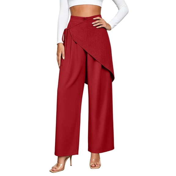 TEAJOPSUU Women's Wide Leg Pants High Waisted Tie Waist Wrap Pants with Pockets Casual Solid Color Daily Pants Red