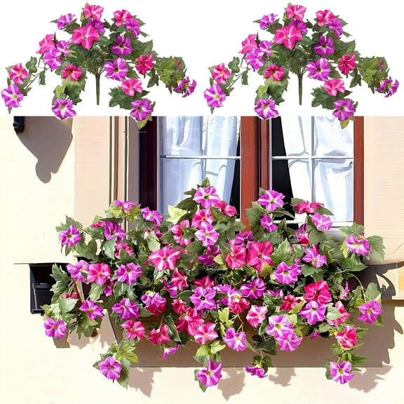 Bxaolu Artificial Fake Flowers Plants for Outdoor Decoration, 2PCS Spring Faux Petunias Silk Flower UV Resistant Floral for Home Garden Balcony Yard Porch Indoor Decor (Pink)