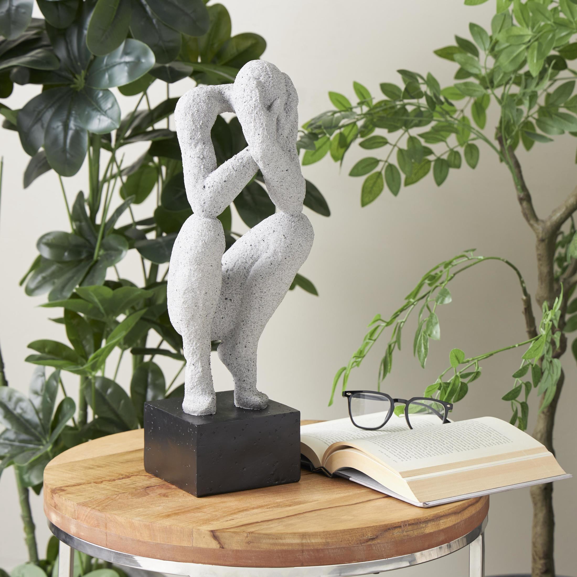 6" x 19" Gray Polystone Crouching People Sculpture with Black Square Base, by DecMode