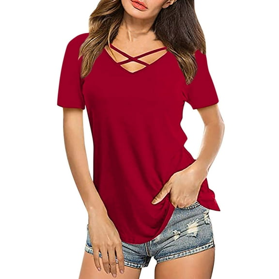 NAFUU Womens Summer Tops V Neck Criss Cross Short Sleeve Basic Tee T-Shirt Loose Fit T Shirts Solid Color Casual Blouses