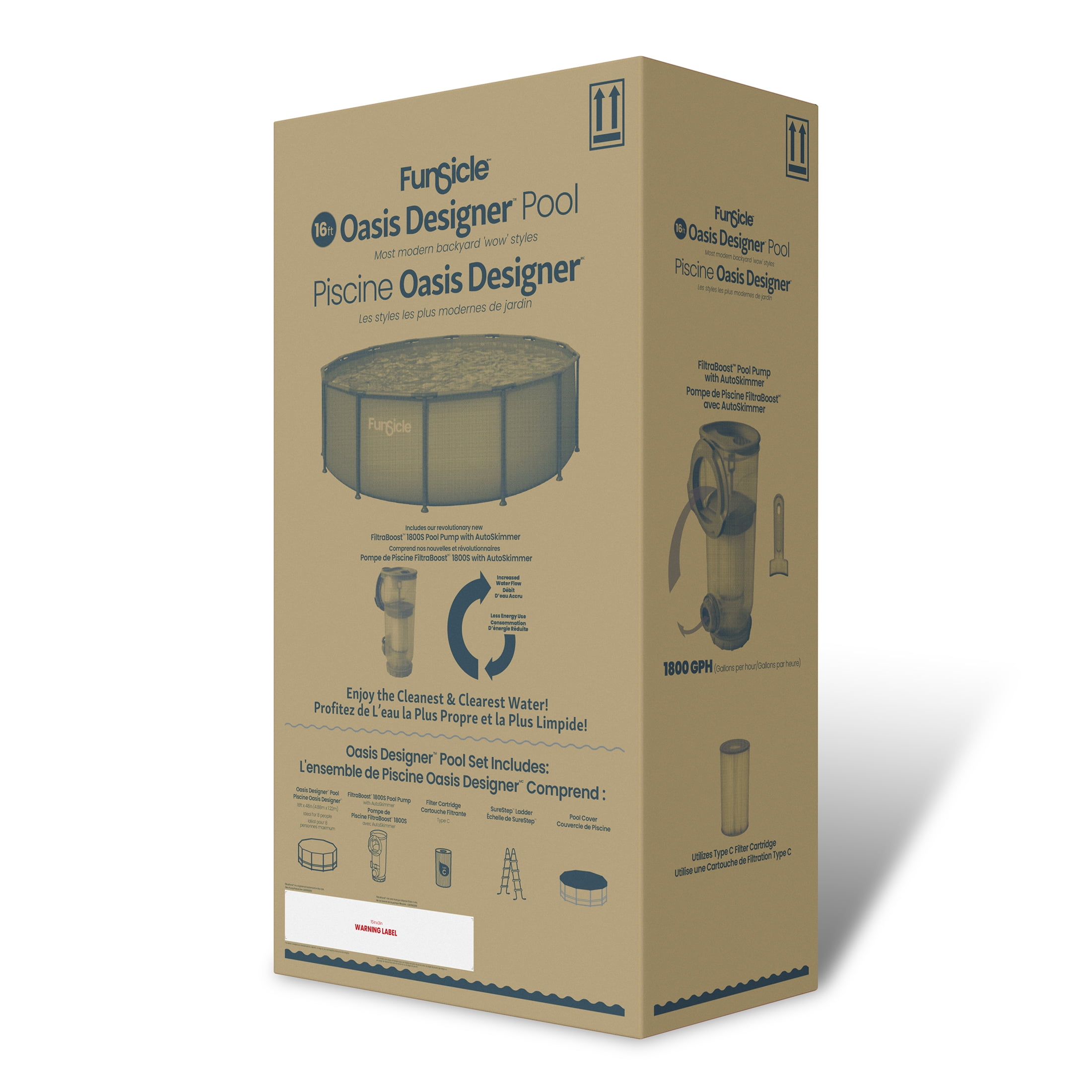 Piscine hors terre Funsicle Oasis Designer de 4,88 m x 1,22 m, structure métallique, pompe de filtration et écumeur 2 en 1, à partir de 6 ans