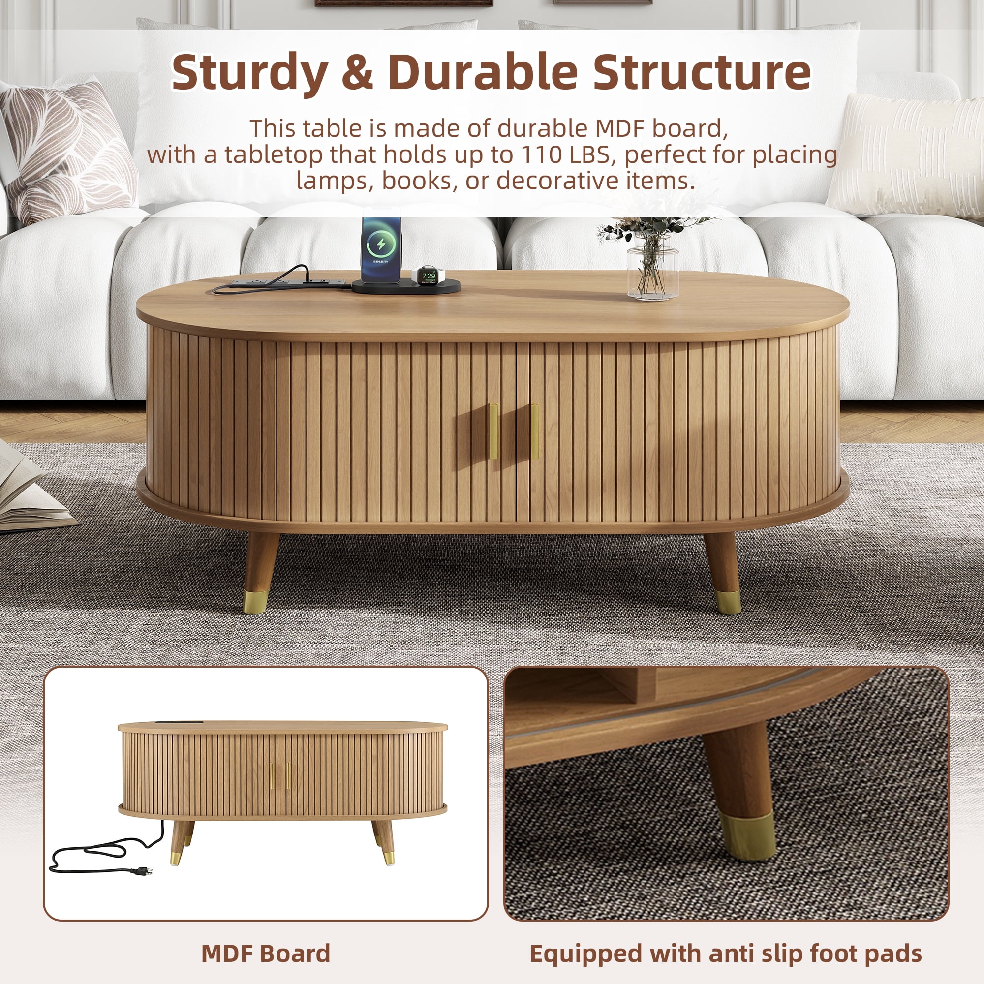 Euroco 42.5"W Wooden Oval Fluted Coffee Table with Charging Station, Mid-Century Center Table with Sliding Tambour Door,Farmhouse Cocktail Table for Living Room, Natural/Teak