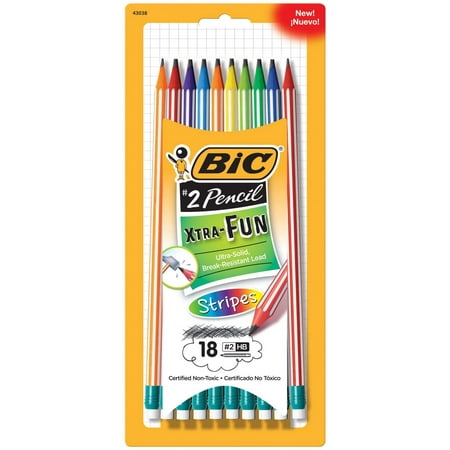 BIC Xtra-Fun Stripes Woodcase Pencils, #2 Break-Resistant Black Lead, Graphite Pencil, 18-Count