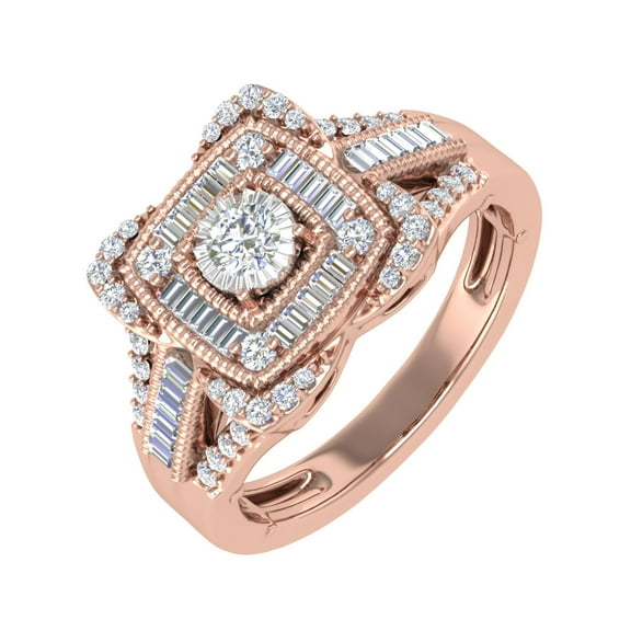 1/2 Carat Round & Baguette Shape Diamond Cushion Shaped Halo Ring in 10K Rose Gold - IGI Certified (Ring Size 8.25)