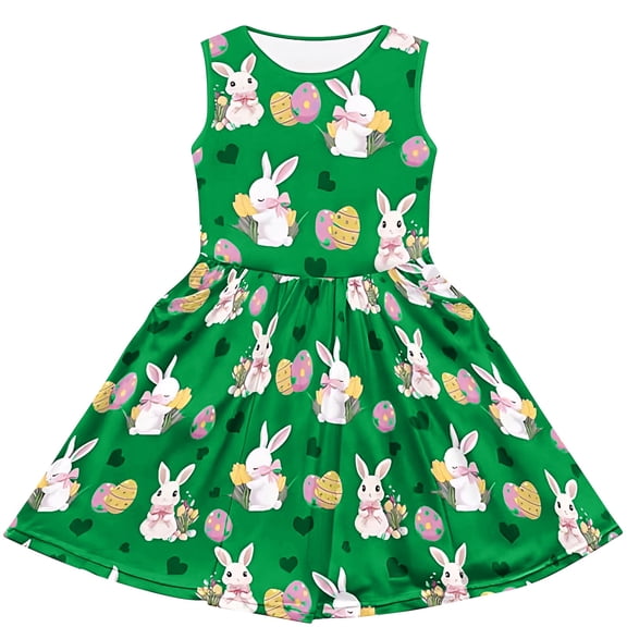 YOUYEDIAN Girls 2026 Easter Sleeveless Dress Festival Casual Cute Bunny Print Round Neck Dresses Fashion Flowy A-Line Sundress (Green, 11-12 Years)