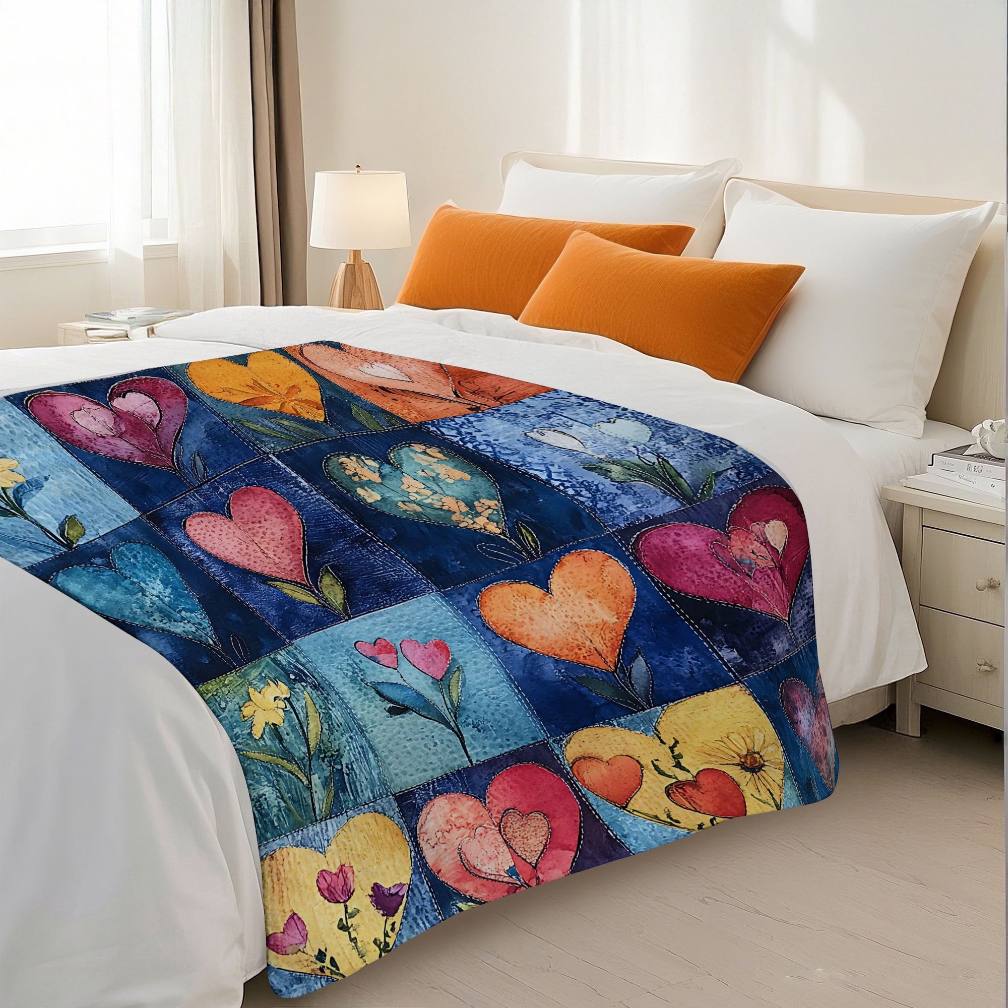 Sherpa Fleece Throw Blanket 40"x 50" Reversible Plush Fluffy Blanket, Double-Layer Super Soft Flannel Blanket for Sofa, Couch, Bed, Patchwork Floral & Heart Pattern