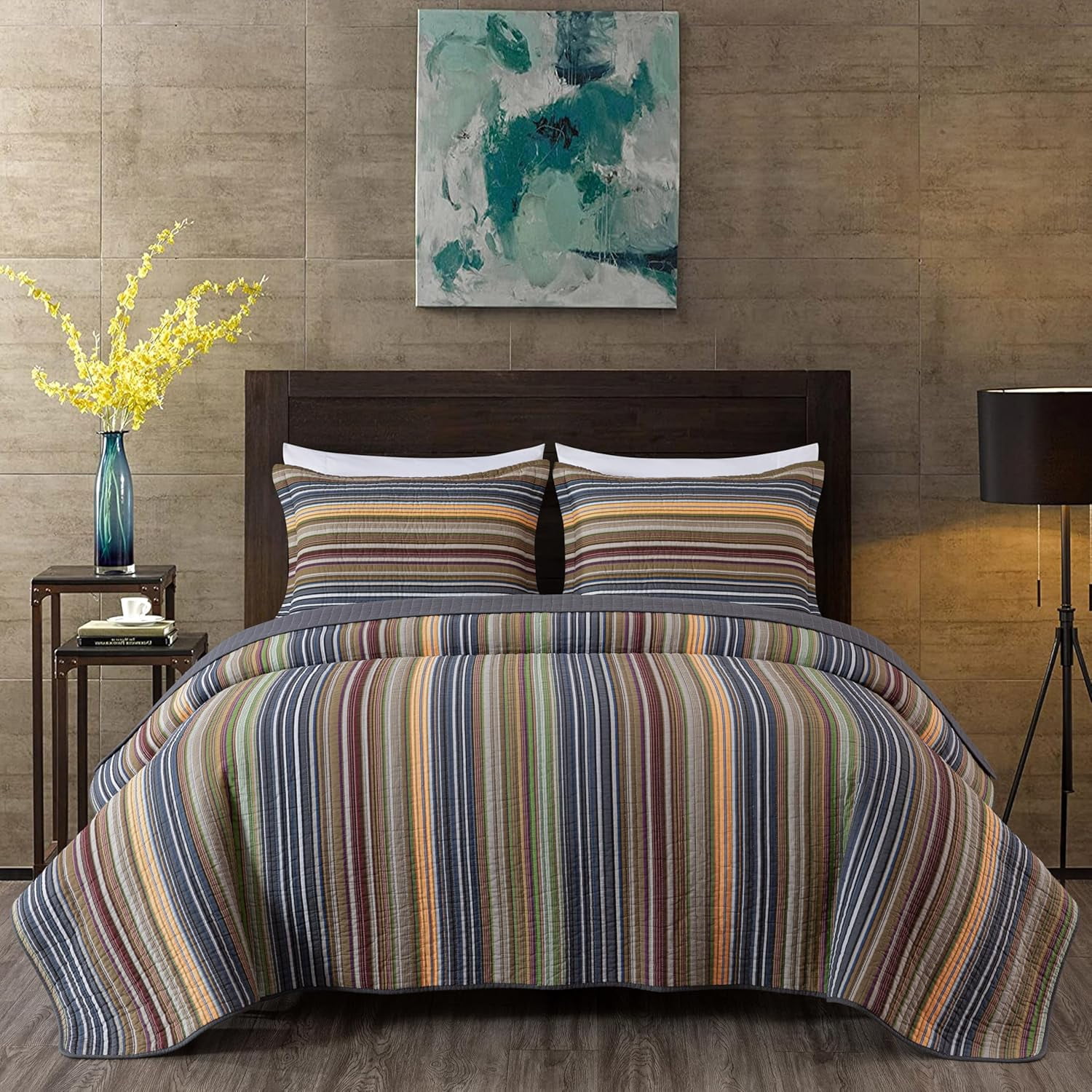 Chezmoi Collection Avery Striped Cotton Quilt Set Queen Size, 3-Piece Soft Pre-Washed 100% Cotton Quilt, Multi-Color Green