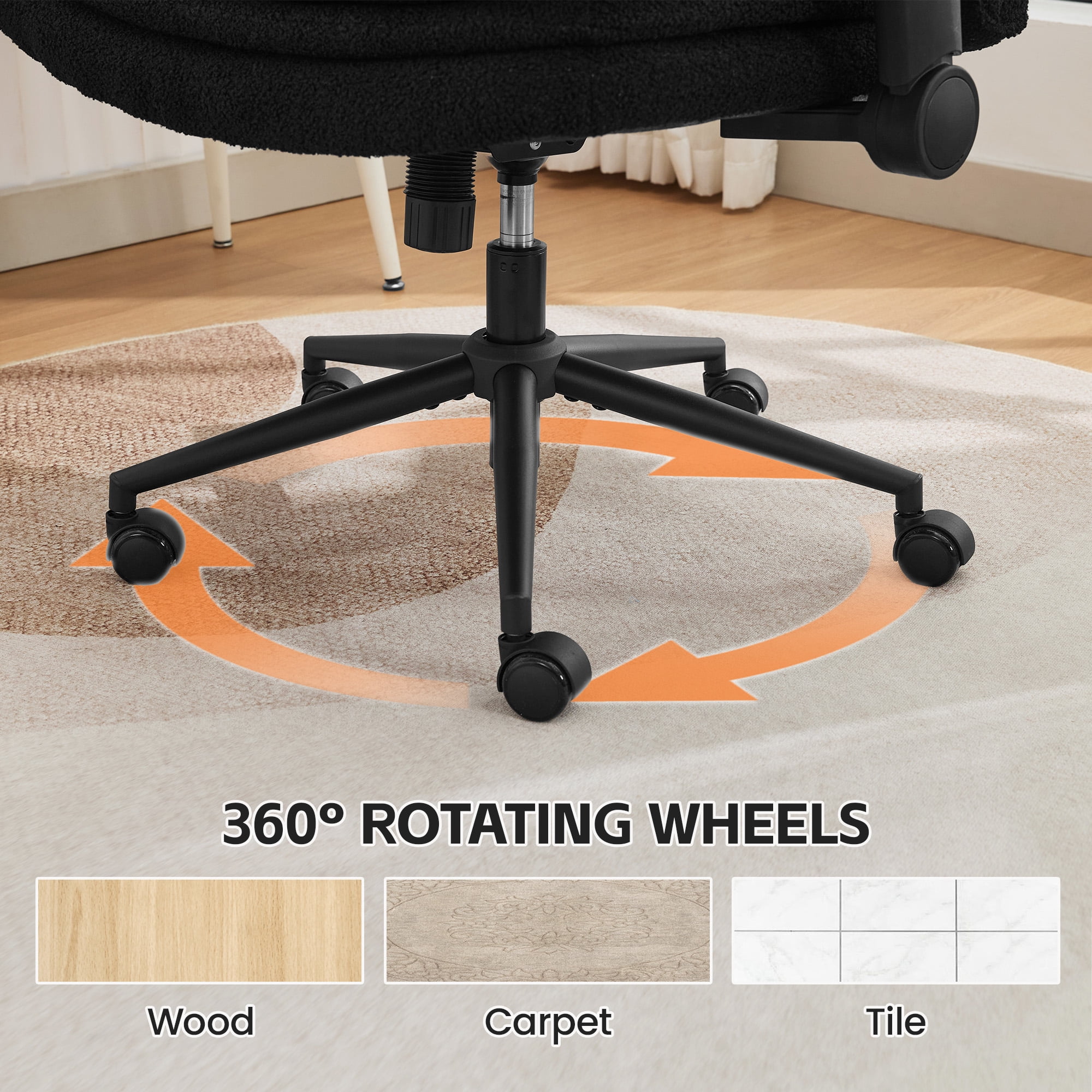DOMICARE Criss Cross Chair with Flip-Up Arms, Wide Cross-Legged Office Chair with Wheels, Swivel Vanity Desk Chair, Black Boucle